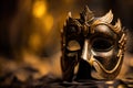 a gold mask with a black face on a black cloth. generative ai Royalty Free Stock Photo