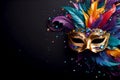 Gold mask with multicolored feathers on dark background with free space for tex. Mysterious and regal, this golden mask adorned