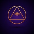 Gold Masons symbol All-seeing eye of God icon isolated on black background. The eye of Providence in the triangle