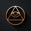 Gold Masons symbol All-seeing eye of God icon isolated on black background. The eye of Providence in the triangle. Long