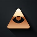 Gold Masons symbol All-seeing eye of God icon isolated on black background. The eye of Providence in the triangle. Long