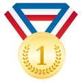 Gold medal. Award ceremony sport icon. Blue white and red ribbon. Royalty Free Stock Photo