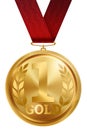 Gold medal Best first place. Winner, champion, number one. 1 st place. Metalworker`s reward. Red ribbon. Isolated on white Royalty Free Stock Photo