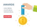 Gold medal with blue ribbon for first place in hand. Trophy, winner award isolated on background. Golden badge icon. Sport, Royalty Free Stock Photo