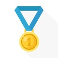 Gold medal with blue ribbon for first place. Trophy, winner award isolated on background. Golden badge icon. Sport, business Royalty Free Stock Photo