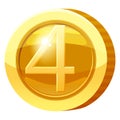Gold Medal Coin Number 4 symbol. Golden token for games, user interface asset element. Vector illustration