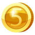 Gold Medal Coin Number 5 symbol. Golden token for games, user interface asset element. Vector illustration