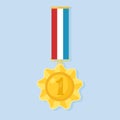 Gold medal with colorful ribbon for first place. Trophy, winner award isolated on background. Golden badge icon. Sport, business Royalty Free Stock Photo