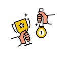 Gold medal and gold cup in hand, black line icon. Vector