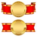 Gold Medal Icon Badge. Symbol of victory in sport, in business, medal with red ribbon