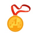 Gold medal with a red ribbon as an award for the first place in the competition. Championship Winner Trophy Royalty Free Stock Photo