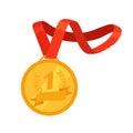 Gold medal with a red ribbon as an award for the first place in the competition. Championship Winner Trophy Royalty Free Stock Photo