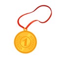 Gold medal with a red ribbon as an award for the first place in the competition. Championship Winner Trophy Royalty Free Stock Photo