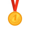 Gold medal with a red ribbon as an award for the first place in the competition. Championship Winner Trophy Royalty Free Stock Photo