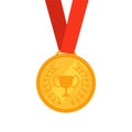 Gold medal with a red ribbon as an award for the first place in the competition. Championship Winner Trophy Royalty Free Stock Photo