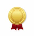 Gold medal with red ribbon. Award for winner. prize of champion. Golden medal for first place in competition. Badge of trophy, Royalty Free Stock Photo