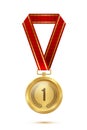 Gold medal with red ribbon. Champion golden trophy award with number one and laurel vector illustration. Prize in sport Royalty Free Stock Photo