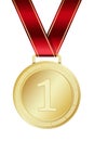 Gold medal. Gold medal with red ribbon. Design winner golden medal prize. Champion winner award medal Royalty Free Stock Photo