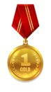 Gold medal on red ribbon. First place award Royalty Free Stock Photo