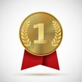 Gold medal with red ribbon. First place golden design bage. Realistic vector illustration symbol places numbers one like Royalty Free Stock Photo