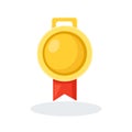 Gold medal with red ribbon for first place. Trophy, winner award isolated on background. Golden badge icon. Sport, business Royalty Free Stock Photo