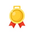 Gold medal with red ribbon for first place. Trophy, winner award isolated on background. Golden badge icon. Sport, business Royalty Free Stock Photo