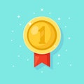 Gold medal with red ribbon for first place. Trophy, winner award isolated on background. Golden badge icon. Sport, business Royalty Free Stock Photo