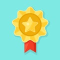 Gold medal with red ribbon for first place. Trophy, winner award isolated on background. Golden badge icon. Sport, business Royalty Free Stock Photo