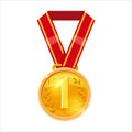 Gold medal red ribbon with relief detail. Gold medal for first place. Cartoon realistic icon on a white background Royalty Free Stock Photo