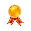 Gold medal red ribbon with relief detail. Gold medal for first place. Cartoon realistic icon on a white background Royalty Free Stock Photo