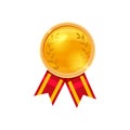 Gold medal red ribbon with relief detail. Gold medal for first place. Gold medal cartoon realistic icon on a white Royalty Free Stock Photo