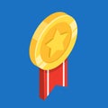 Gold medal with ribbon. Flat 3d vector isometric illustration.