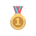 Gold medal with ribbon. Sport game award 1st place golden badge isolared on white background. Vector Royalty Free Stock Photo