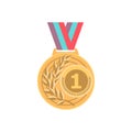 Gold medal with ribbon. Sport game award 1st place golden badge isolared on white background. Vector Royalty Free Stock Photo