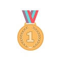 Gold medal with ribbon. Sport game award 1st place golden badge isolared on white background. Vector Royalty Free Stock Photo