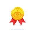 Gold medal with star, red ribbon for first place. Trophy, winner award isolated on background. Golden badge icon. Sport, business Royalty Free Stock Photo