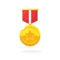 Gold medal with star, red ribbon for first place. Trophy, winner award isolated on background. Golden badge icon. Sport, business Royalty Free Stock Photo