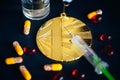 Gold Medal, Syringe and Medicine bottle for injection. Doping in sport, black edit space Royalty Free Stock Photo