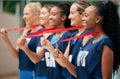 Gold medal winner, netball team and women celebrate sports success, diversity and game win in olympic competition