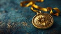 A gold medallion with a ribbon on a blue background