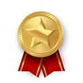 Gold medallion with star and red ribbons isolated on white background. Vector design element. Royalty Free Stock Photo