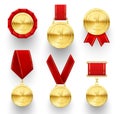 Gold medals with red rosette or ribbons realistic set. Round medallions  awards Royalty Free Stock Photo