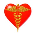 Gold Medical Caduceus Symbol in front of Red Heart. 3d Rendering