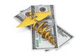 Gold Medical Caduceus Symbol over USA Dollars Bills. 3d Rendering