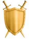 Gold medieval knight shield and crossed swords isolated