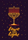 Gold Menorah with red candles and Love and Light text. Hanukkah Vector card with Menorah, stars of David and gold Royalty Free Stock Photo