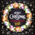 Gold Merry Christmas and Happy New Year black shine background with decoration on golden light stars confetti. Vector illustration Royalty Free Stock Photo