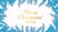 Gold Merry Christmas lettering text card on white background with blue Christmas tree branche. Golden xmas decoration