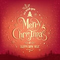 Gold Merry Christmas and New Year text on red holiday background with landscape, snowflakes, light, stars. Xmas card Royalty Free Stock Photo