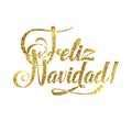 Gold Merry Christmas Spanish Card. Golden Shiny Glitter. Calligraphy Greeting Poster Tamplate. Isolated White Background Royalty Free Stock Photo